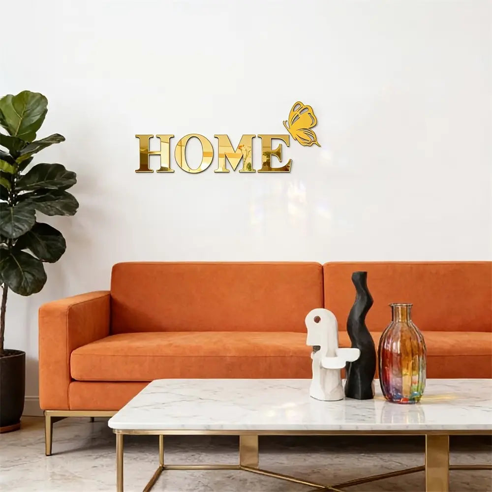 5PC, Golden HOME with butterfly acrylic mirror wall sticker, Acrylic Material, Ornaments, Versatile Placement, suitable for home decoration, living room, bathroom, bedroom, DIY detachable wall sticker, Wall Art Stickers, Wall Decal, Decoration Items