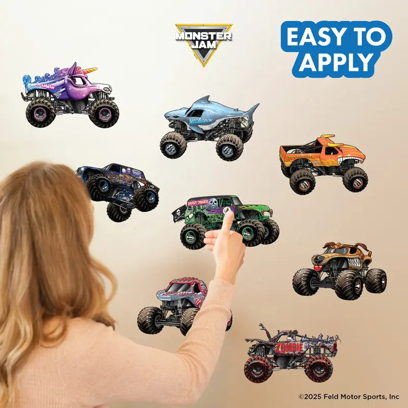 Monster Jam Assorted Trucks Wall Decals Set with 8 High-Energy Trucks Grave Digger Son-Uva Digger El Toro Loco Megalodon Zombie ThunderROARus Sparkle Smash Monster Mutt for Kids Bedroom Playroom Decor
