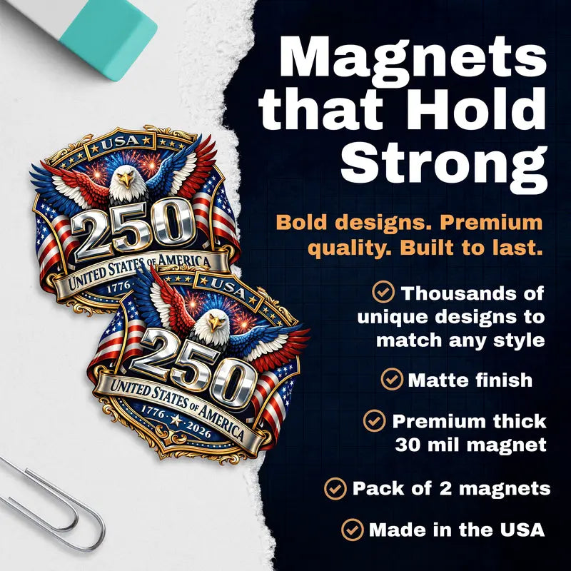 250 Years Strong USA Anniversary Emblem Magnet - 2 Pack Magnets For Truck Car SUV Refrigerator Toolbox Gift - Design For Semiquincentennial Liberty Magnetic - 5 Inch 2 Piece - USAMAG0010