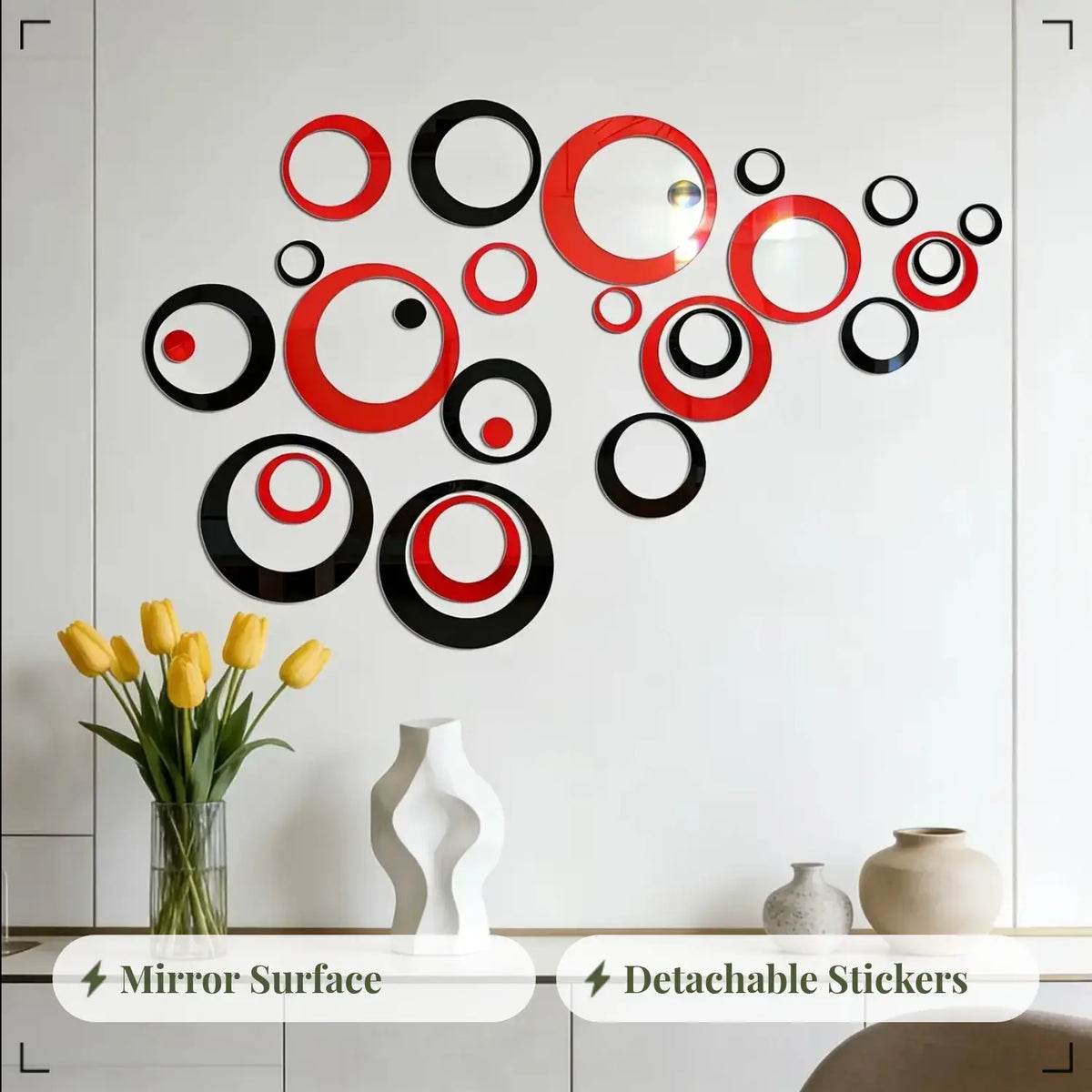 72pcs red and black hollow circular acrylic mirror wall stickers, Round Design Decorative sticker, suitable for home decoration (living room, bathroom, bedroom, lintel), DIY detachable wall stickers, Reflective