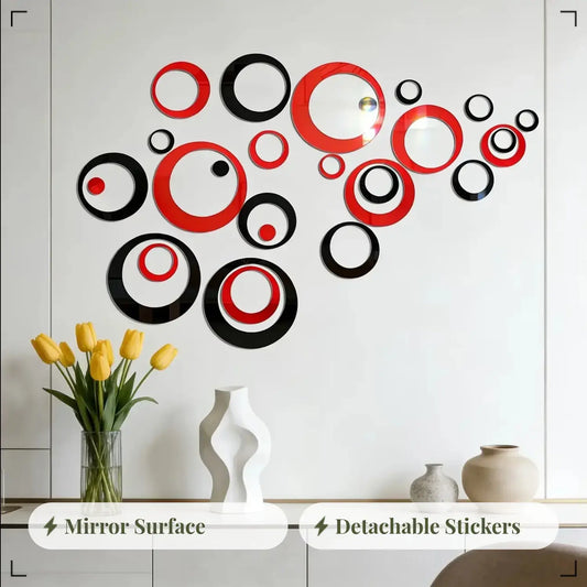72pcs red and black hollow circular acrylic mirror wall stickers, Round Design Decorative sticker, suitable for home decoration (living room, bathroom, bedroom, lintel), DIY detachable wall stickers, Reflective