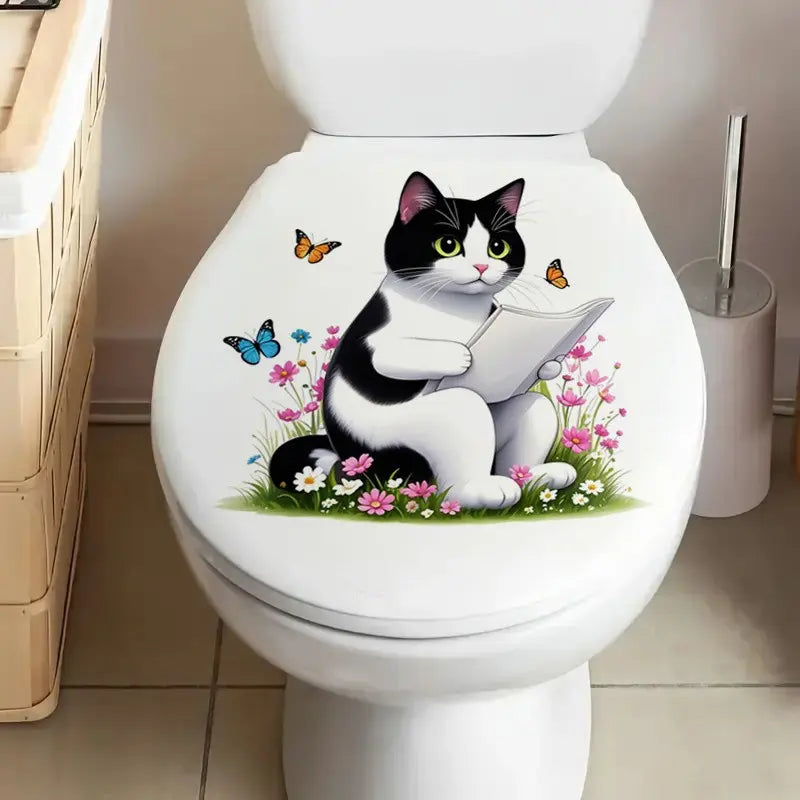 Cute Cat Reading Newspaper Toilet Sticker, Home Decor Stickers, Bathroom Decorative Wallpaper, Home Aesthetic Decoration, Spring Summer Essential