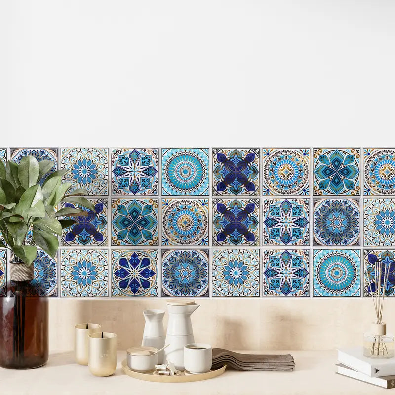 20pcs 4x4in Self-Adhesive Blue Mandala Art Stickers - Waterproof Vinyl, Classic Flashing Whimsical, Renter-Friendly Multi-Surface, Kitchen Accessories for Tile, Bathroom Decor Ideas, Accent Wall Home Decor