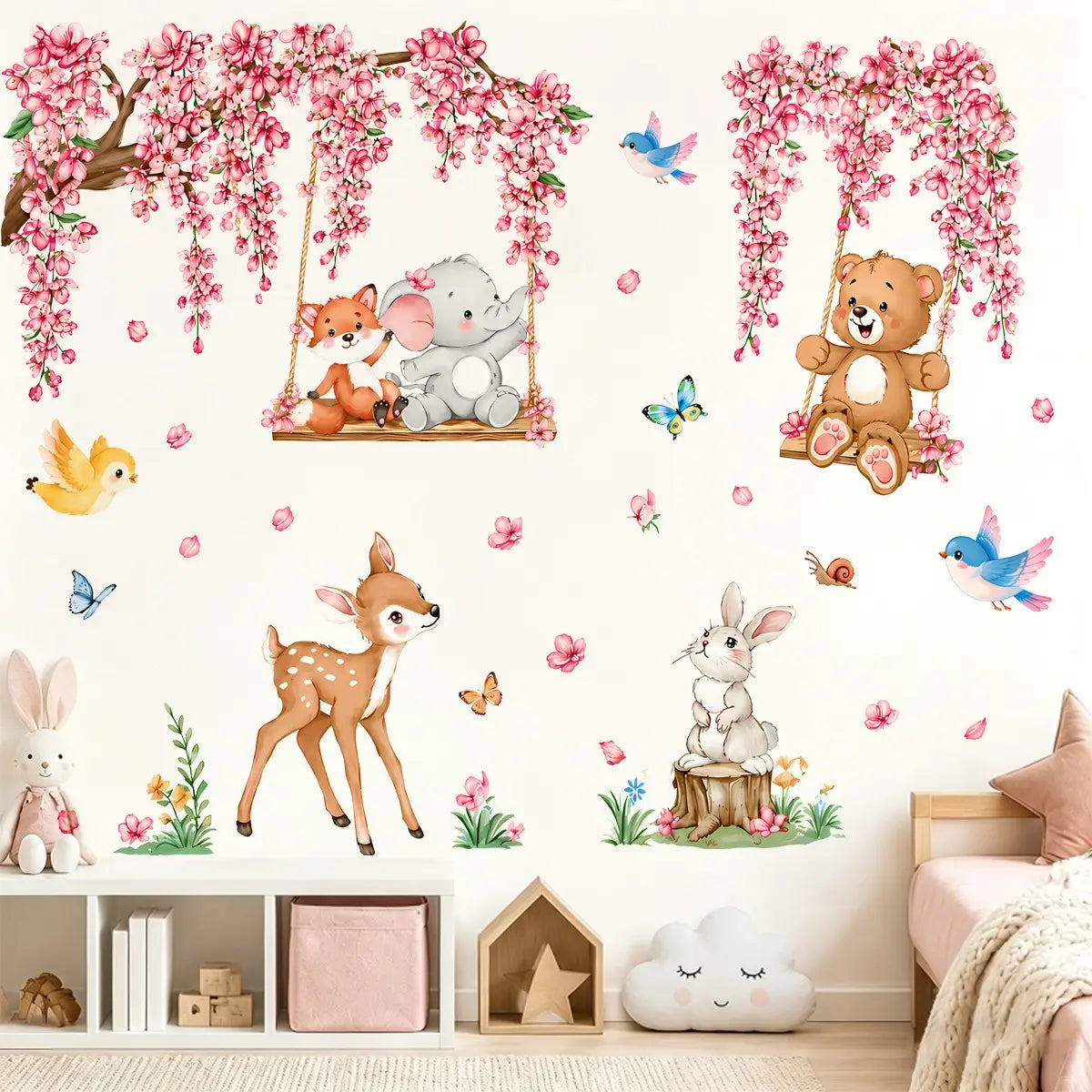 Pink Cherry Blossom Woodland Animal Wall Stickers, Removable No Residue Wall Decals for Girls Nursery, Baby Room & Playroom Wall Art, Decorative Wall Sticker, Wall Stickers Decorations
