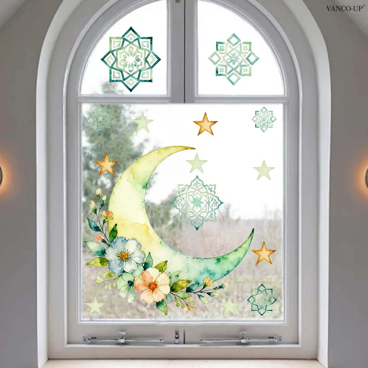 A piece (30*40cm) of Eid al-Fitr flower and moon window stickers with electrostatic adsorption for glass windows, festival decoration and beautification E21349-NC