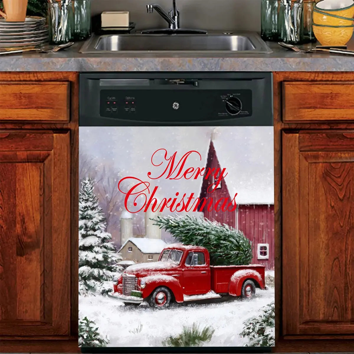 2pcs Truck & Merry Christmas Magnetic Decorative Dishwasher Stickers, Sticker Decoration, Festive Home Decor, Appliance Decals for Refrigerator, Washer, Dryer
