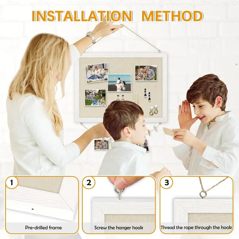 Wood Framed 16"x12" Wall Mounted Decorative Double-Sided Linen Cork Bulletin Board - 1-Pack Self-Repairing Pin Board with 10 Pushpins, Easy-Install Office Stationery for Home Decor, Office Use