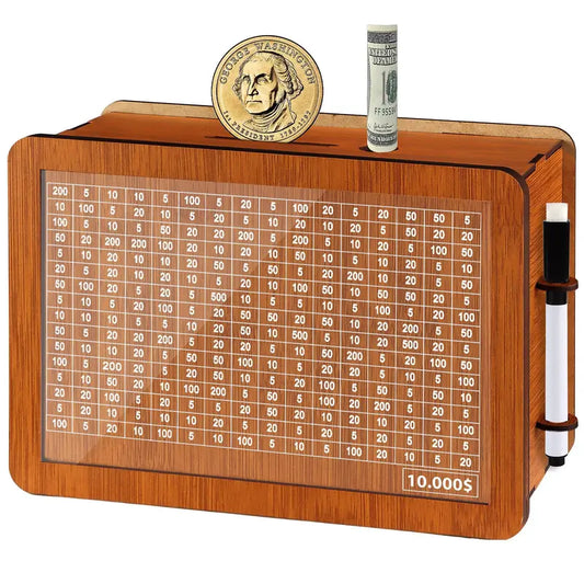 Larger Size FSC-Certified Brown Wooden Unisex Piggy Bank - Self-Assemble Transparent Acrylic Cash Box, Kakeibo Saving Tool with Counter, Dry Erase Pen, Math Educational Toy for Kids, Saving Games for Graduations