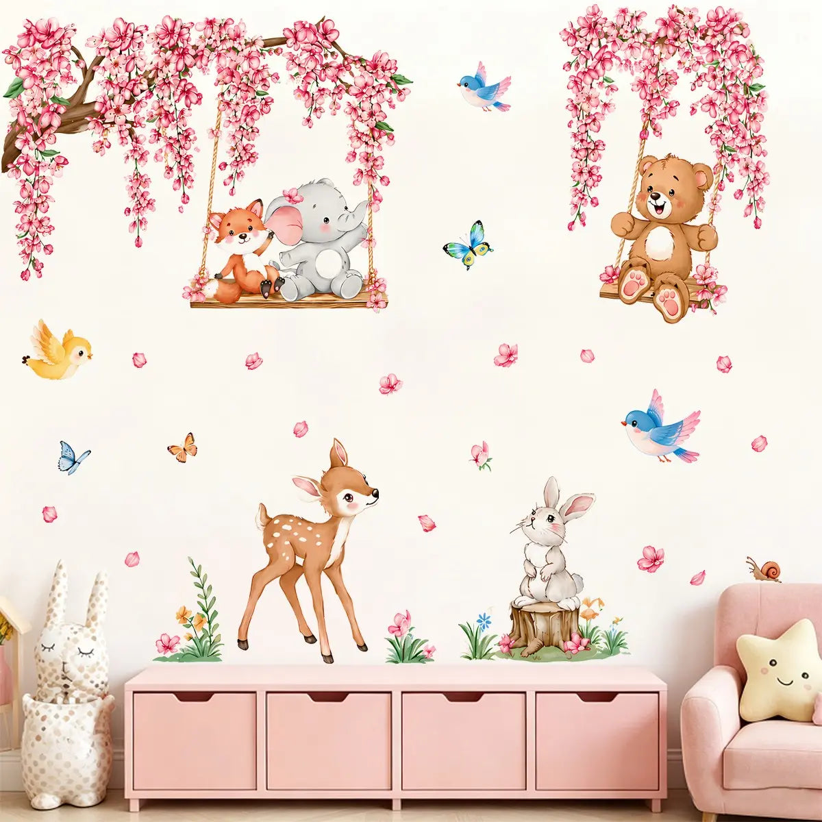 Pink Cherry Blossom Woodland Animal Wall Stickers, Removable No Residue Wall Decals for Girls Nursery, Baby Room & Playroom Wall Art, Decorative Wall Sticker, Wall Stickers Decorations