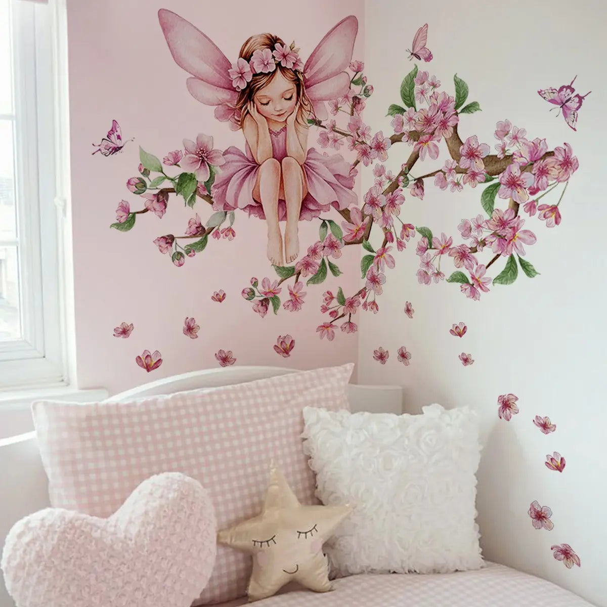 A (30*60cm) pink peach blossom tree butterfly fairy luminous wall sticker Wall Decal for living room, bedroom and home background decoration Decoration Items Decorative Stickers M19000-NC