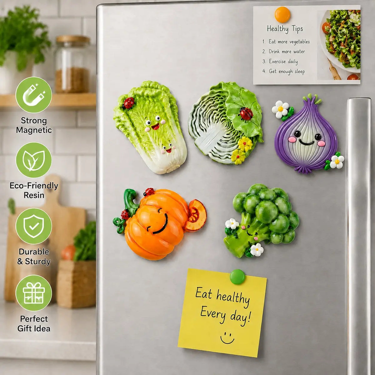 Kawaii Vegetable Fridge Magnets Set, 5PCS Cute Resin Cartoon Food Magnets, Funny Strong Magnetic Refrigerator Decorating Magnets for Kitchen, Office & Home, Novelty Gift Idea