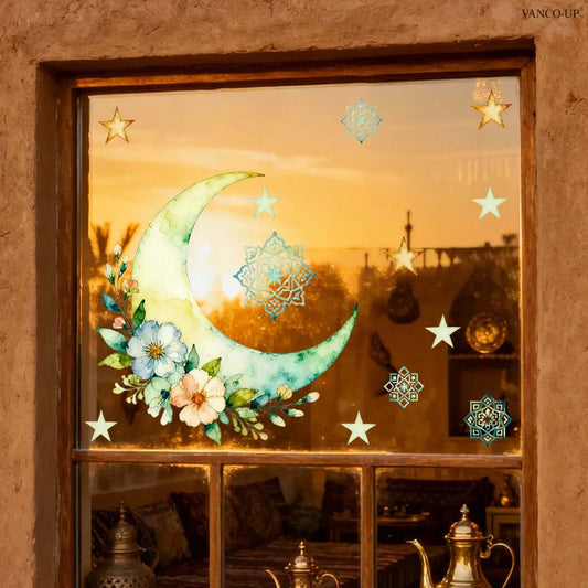 A piece (30*40cm) of Eid al-Fitr flower and moon window stickers with electrostatic adsorption for glass windows, festival decoration and beautification E21349-NC