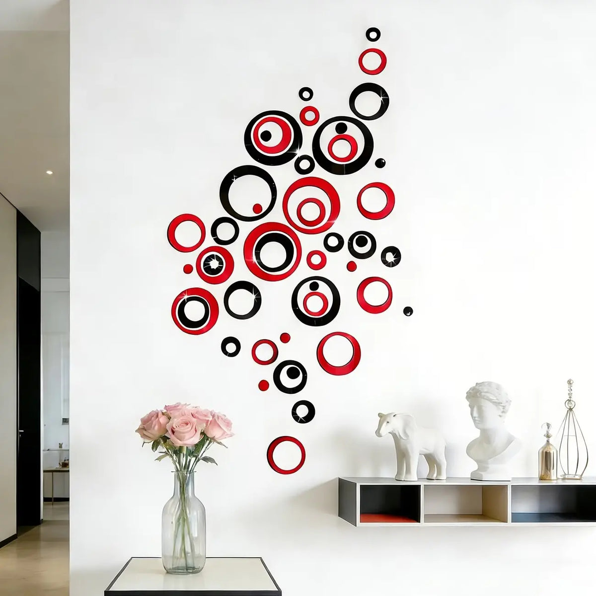 72pcs red and black hollow circular acrylic mirror wall stickers, Round Design Decorative sticker, suitable for home decoration (living room, bathroom, bedroom, lintel), DIY detachable wall stickers, Reflective