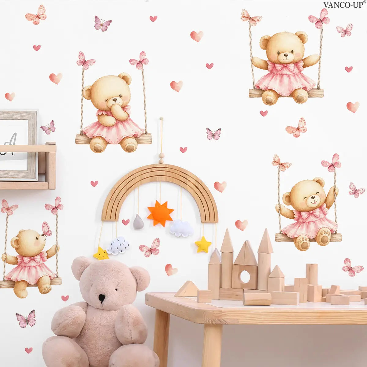 2Pcs Set (30*60cm) Cute Pink Teddy Bear Swing Self-adhesive Wall Stickers Wall Decal with Butterflies & Hearts, Decor for Girls & Kids Room, Decorative Sticker