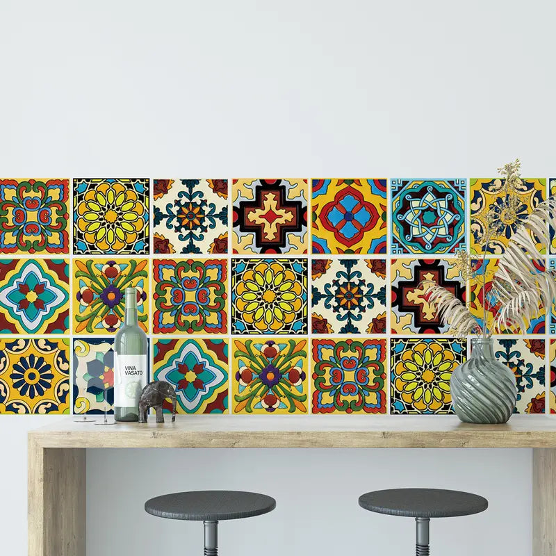 30-Pack Square Classic Mexican Yellow Flower Design Decorative Vinyl Wall Stickers, 4x4 in Self-Adhesive Waterproof Reusable Multi-Surfaces Murals for Living Room, Dorm Room Home Decor