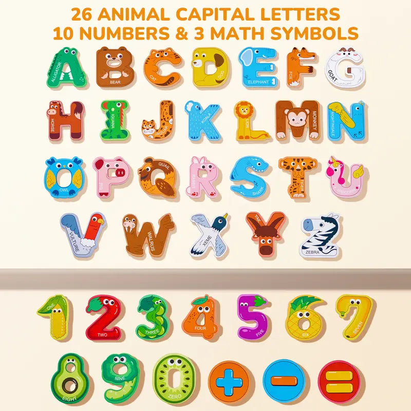 JoyCat Thick Wooden Large Round Animal & Fruit Shaped Magnetic Item Set, Refrigerator Decor with 26 Uppercase ABC Letters, 0-9 Numbers, Full Magnet Back, Room Decor, Storage Box, Educational Language Toy summerwins
