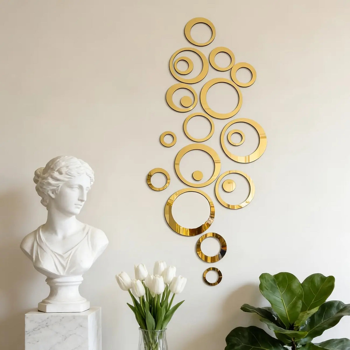 36PC Golden hollow Round Design acrylic mirror Decorative wall sticker, Decorative Stickers, suitable for home decoration, living room, bathroom, bedroom, lintel decoration, DIY Removable wall sticker