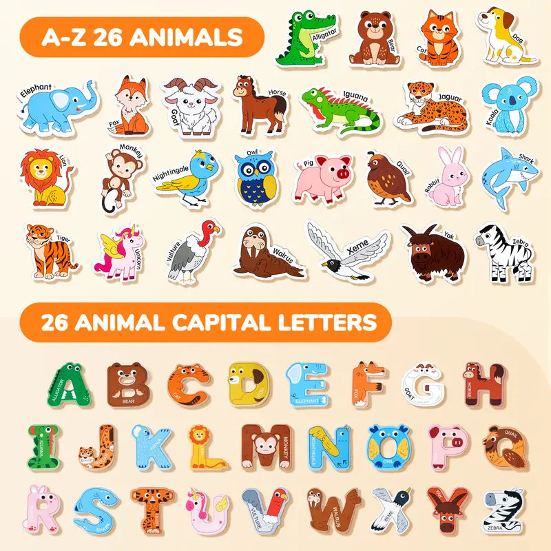 JoyCat Thick Wooden Large Round Animal & Fruit Shaped Magnetic Item Set, Refrigerator Decor with 26 Uppercase ABC Letters, 0-9 Numbers, Full Magnet Back, Room Decor, Storage Box, Educational Language Toy summerwins