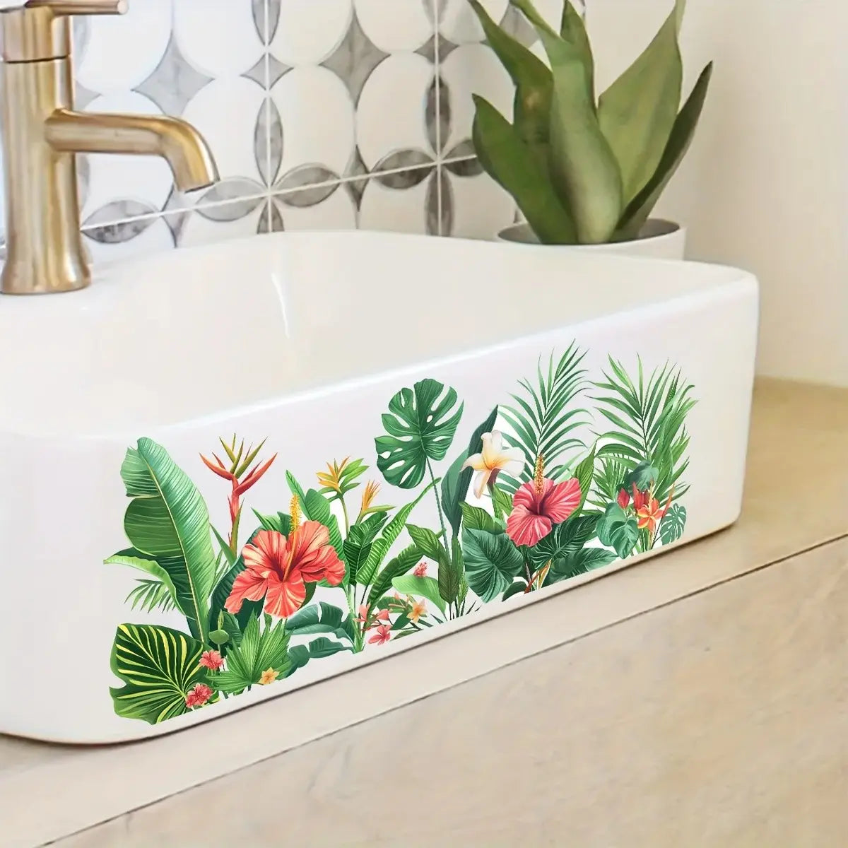 Tropical Floral Bathroom Stickers, Decoration Sticker, Lush Plant Tile Decals, Self-Adhesive Removable Decor, Vibrant Wall Art for Bathroom Walls, Decorative Sticker