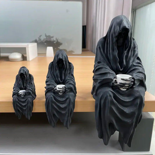 Seated Ghost With Tea Cup- 3D Printed Gothic Decoration, Skeleton Holding Cup, Halloween Horror Decor, Black Resin Figurine