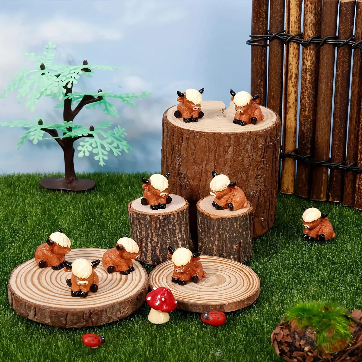 10Pcs Miniature Highland Cow Figurines, Resin Sculptures, Cute Detailed Decorative Pieces, Small and Precise, Perfect for Home Garden Party Decoration