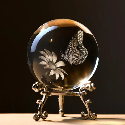 60mm 3D Etching Butterfly on Sunflower Crystal Ball with Stand - Art Figurine, Whimsical Unique Decor, Home Decor Accessory, Interior Decoration Accessories, Gifts for Women