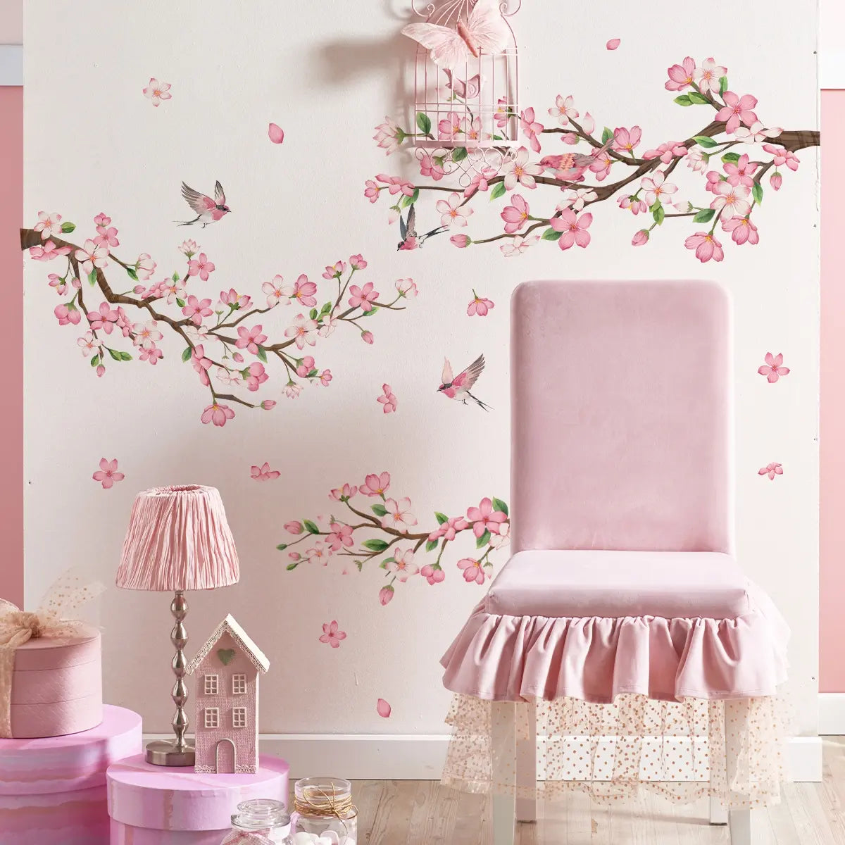 A set of two (30*90cm*2pcs) new creative pink flower, branch and bird spring wall stickers, suitable for bathroom and study room decoration items background wall stickers, Adhesive Stickers (M16085-YJ)