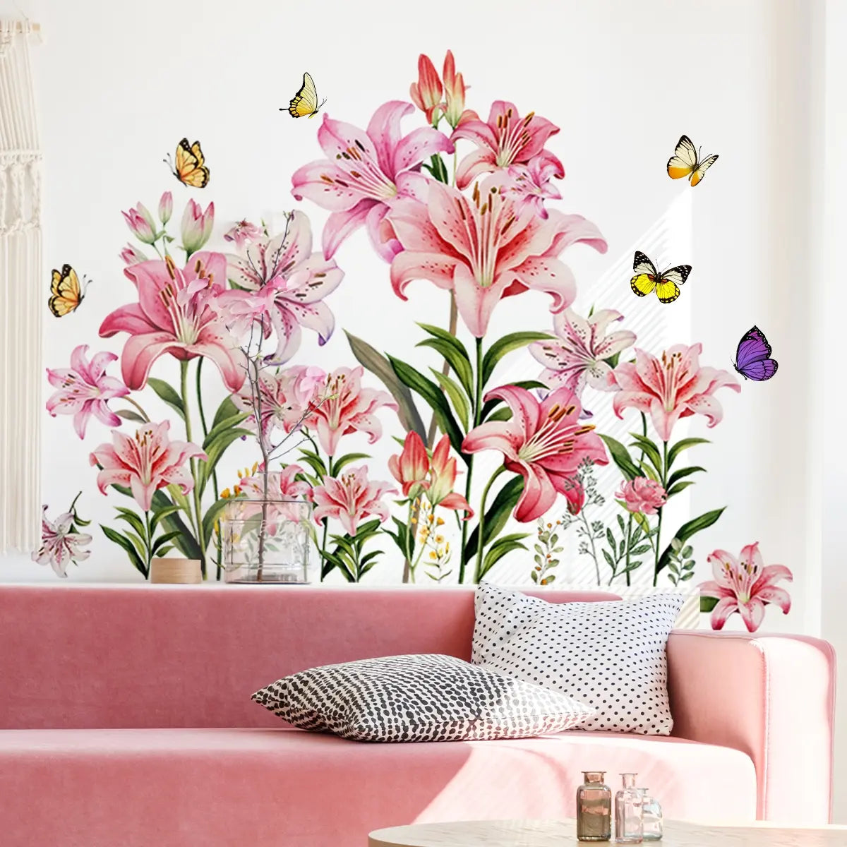 A pink lily spring wall sticker, Decorative Decal, Decorative Stickers, for bedroom and living room background wall home decoration, self-adhesive, MS7306-YC, Decoration Items