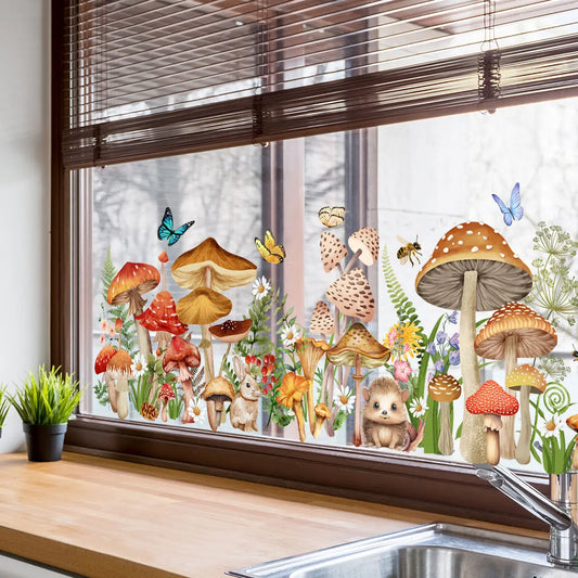 (30*90cm) creative hand-painted small animal, mushroom, flower, butterfly spring single-layer static sticker window sticker decorative background window sticker Flower Design Mushroom Stickers Graphic Decal (DJ4131-ZC)