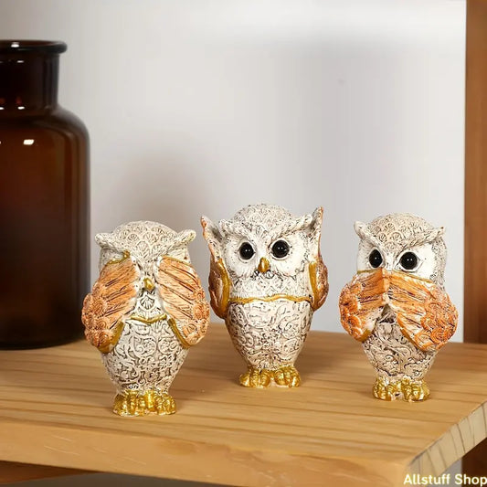 3pcs Compact Owl Figurines - Don't Listen, Don't Speak, Don't Look Resin Ornaments, Bobbleheads & Statues, Cute Owls Room Decorations for Living Room Desktop, Bedroom Home Supplies Gifts