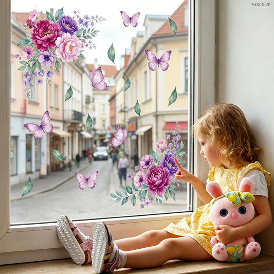 2Pcs Set (3030cm2pcs) Watercolor Purple Peony Butterfly Diagonal Static Flower Window Clings, Romantic Light Purple Floral Glass Decor Decals Sticker Decorations for Kids Bedroom & Living Room