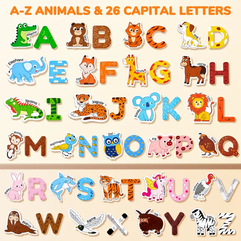 JoyCat Thick Wooden Large Round Animal & Fruit Shaped Magnetic Item Set, Refrigerator Decor with 26 Uppercase ABC Letters, 0-9 Numbers, Full Magnet Back, Room Decor, Storage Box, Educational Language Toy summerwins