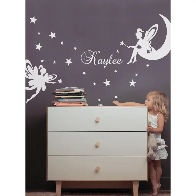 SIMPLE SHAPES Personalized Baby Name Enchanted Flying Fairy Peel-and-Stick Wall Decal - Separate Stars-Themed Custom Adhesive Stickers, Nursery Decor, Accent Wall Room Art, Home Decor Supplies