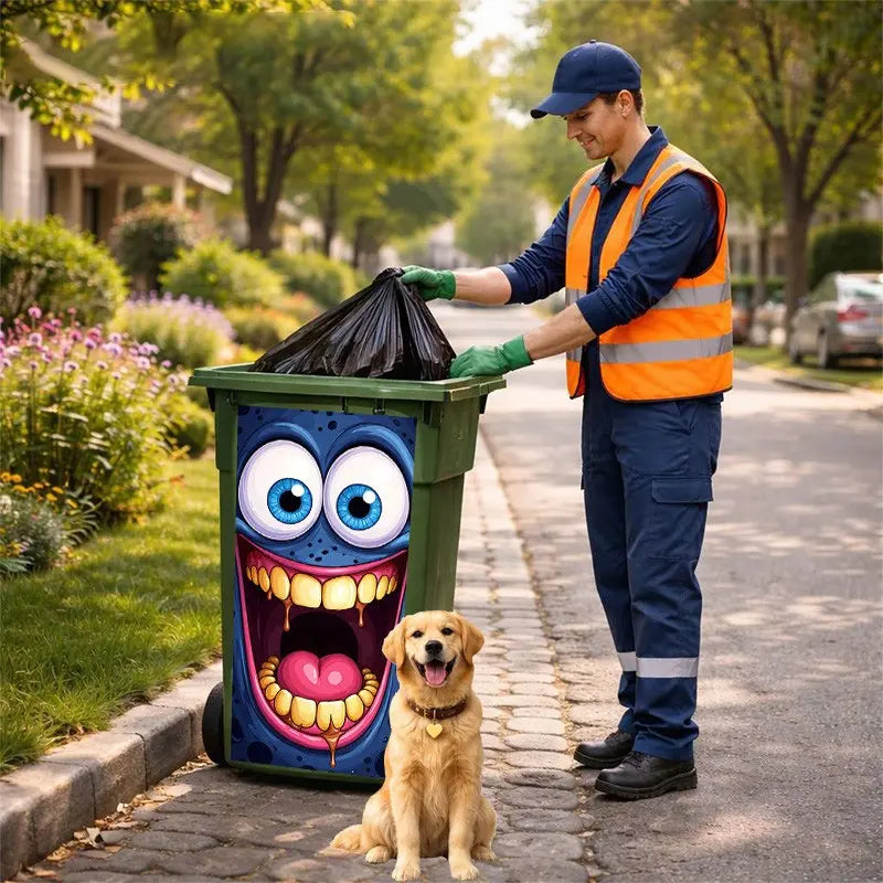 1pc Trash Can Sticker 37x82cm, Blue Face Cute Monster Design, Self-Adhesive Decorative Wall Decal, Kitchen Stickers, Kitchen Decor, Home Decoration