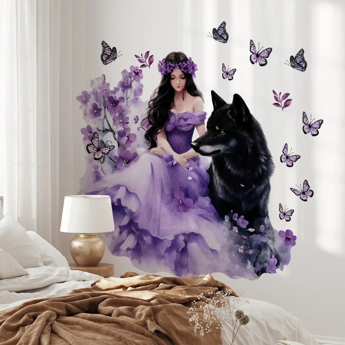 A set (30*60cm*2pcs) of "Purple Skirt and Black Wolf" 2D flat wall stickers, Wall Decals, home decoration self-adhesive wall stickers, Decorative Sticker, Wall Art Stickers, Wall Decorations, M16637-KX