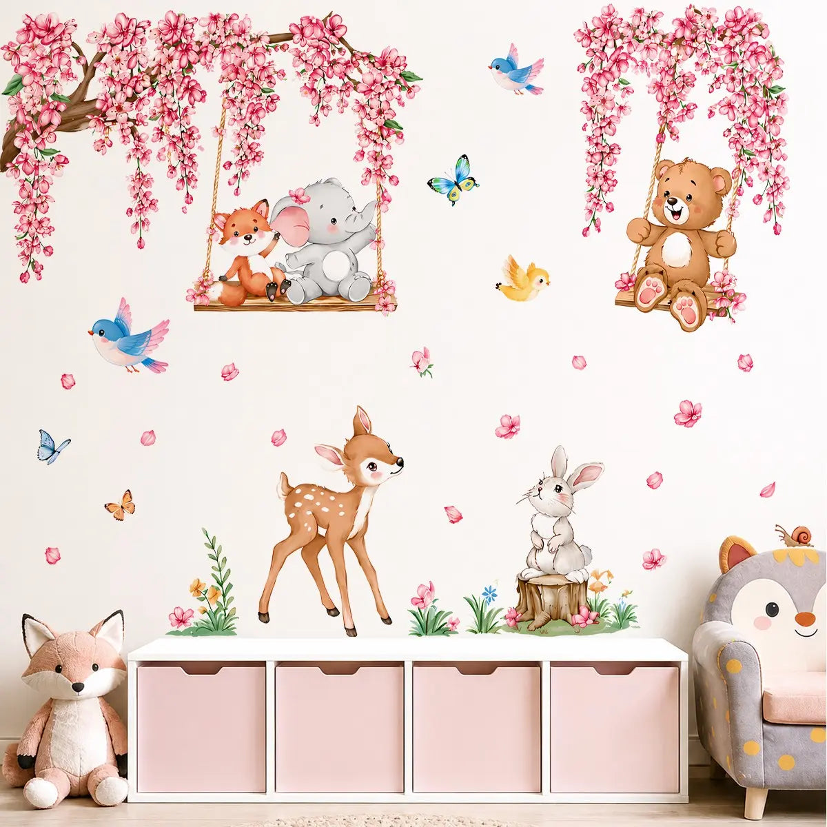 Pink Cherry Blossom Woodland Animal Wall Stickers, Removable No Residue Wall Decals for Girls Nursery, Baby Room & Playroom Wall Art, Decorative Wall Sticker, Wall Stickers Decorations