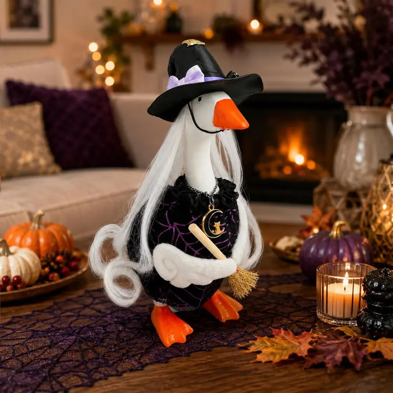 7" Miniature Desk Goose Halloween Witch Outfit Set - Purple Witch Theme Fabric Accessory, Unisex 7" Mini Goose Fit Decor for Office Black Punks Desktop Use