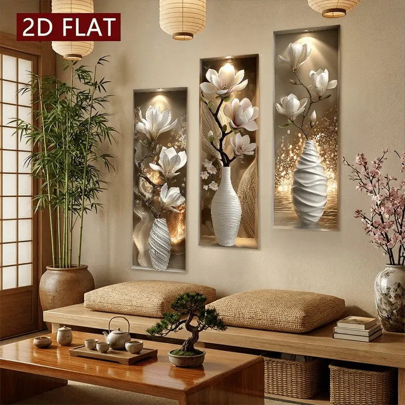 3pcs Realistic Magnolia Flower Wall Stickers, Floral Wall Decals, Wall Art Stickers, Home Decor, Modern Style Waterproof Self-Adhesive Decorative Wallpaper, Easy Peel & Stick for Living Room Bedroom