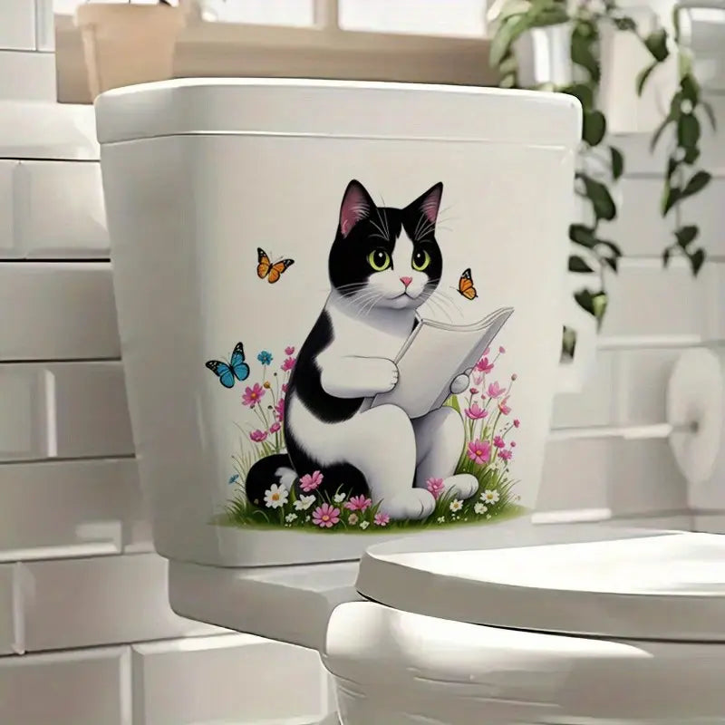 Cute Cat Reading Newspaper Toilet Sticker, Home Decor Stickers, Bathroom Decorative Wallpaper, Home Aesthetic Decoration, Spring Summer Essential