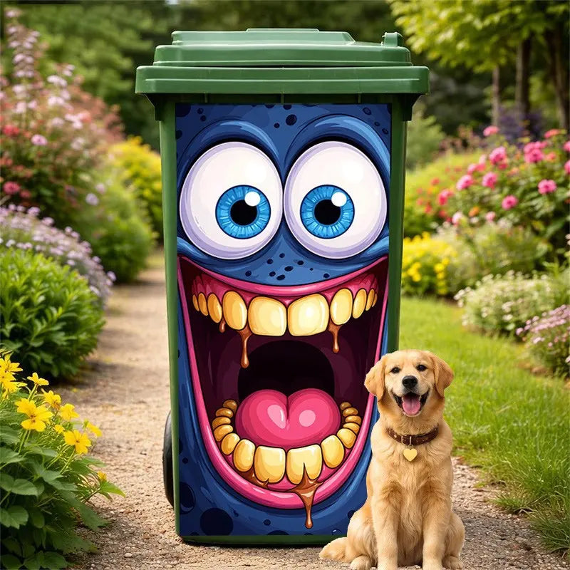 1pc Trash Can Sticker 37x82cm, Blue Face Cute Monster Design, Self-Adhesive Decorative Wall Decal, Kitchen Stickers, Kitchen Decor, Home Decoration