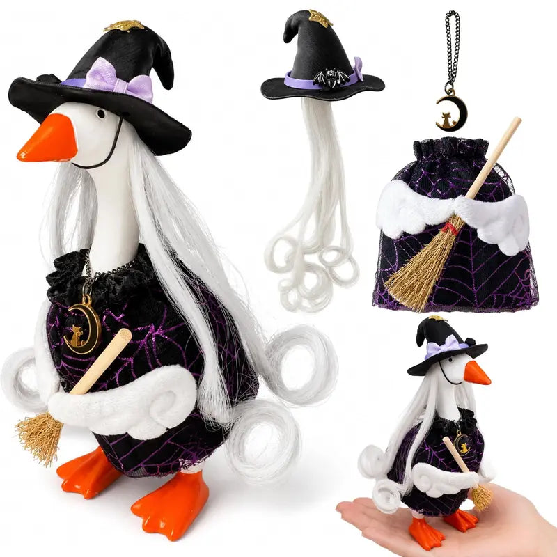 7" Miniature Desk Goose Halloween Witch Outfit Set - Purple Witch Theme Fabric Accessory, Unisex 7" Mini Goose Fit Decor for Office Black Punks Desktop Use