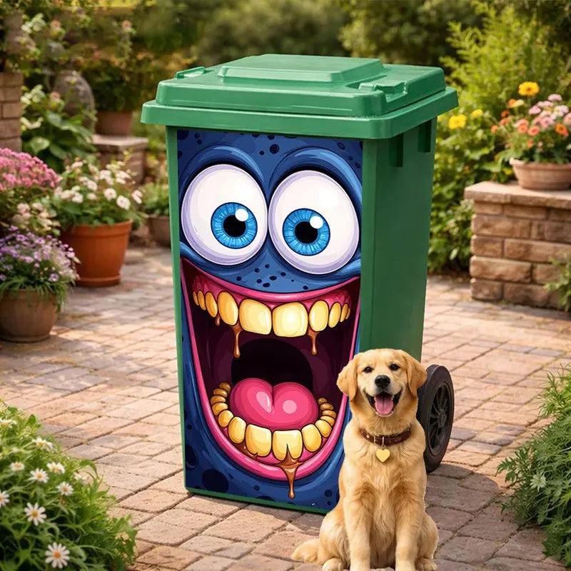 1pc Trash Can Sticker 37x82cm, Blue Face Cute Monster Design, Self-Adhesive Decorative Wall Decal, Kitchen Stickers, Kitchen Decor, Home Decoration