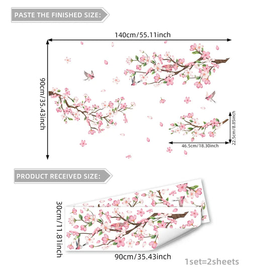 A set of two (30*90cm*2pcs) new creative pink flower, branch and bird spring wall stickers, suitable for bathroom and study room decoration items background wall stickers, Adhesive Stickers (M16085-YJ)