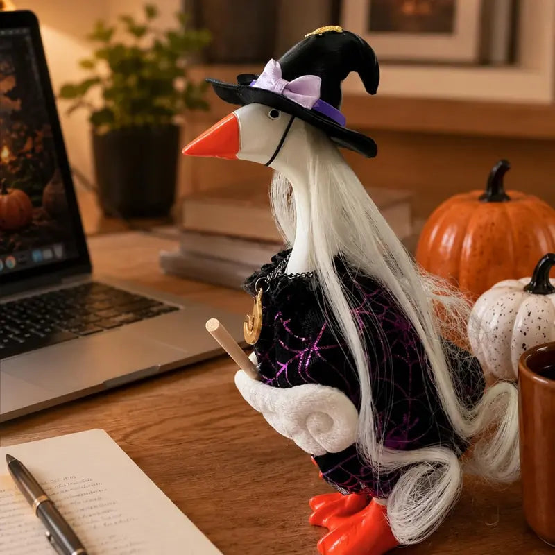 7" Miniature Desk Goose Halloween Witch Outfit Set - Purple Witch Theme Fabric Accessory, Unisex 7" Mini Goose Fit Decor for Office Black Punks Desktop Use