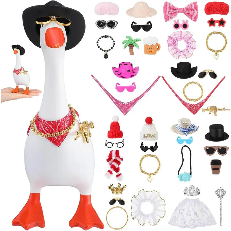 12 Set 7 Inch Desk Goose Outfits - Mini Desk Goose Accessories with Hats, Glasses, Necklaces- Dress up Set for Magnetic Geese Statue Key Holder, Office Gift Table Decor (Not Included Goose)