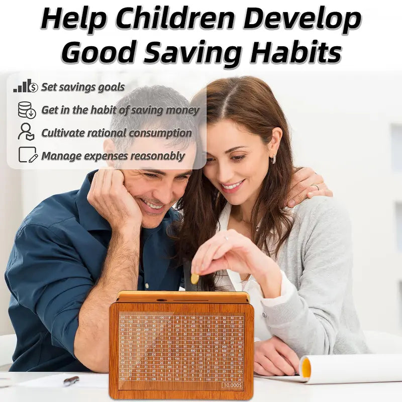 Larger Size FSC-Certified Brown Wooden Unisex Piggy Bank - Self-Assemble Transparent Acrylic Cash Box, Kakeibo Saving Tool with Counter, Dry Erase Pen, Math Educational Toy for Kids, Saving Games for Graduations
