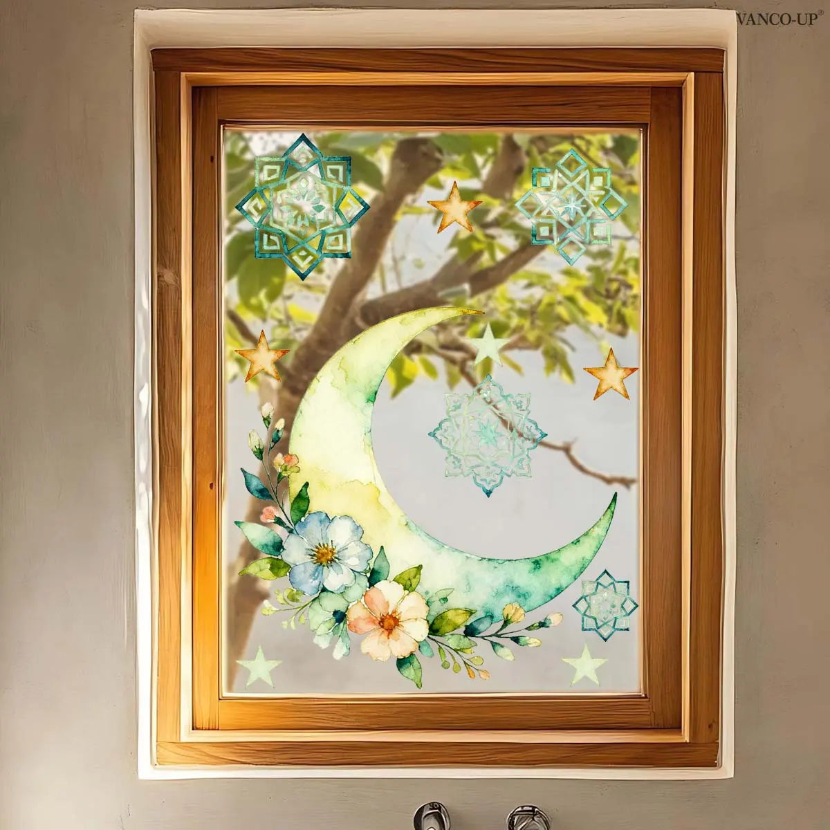 A piece (30*40cm) of Eid al-Fitr flower and moon window stickers with electrostatic adsorption for glass windows, festival decoration and beautification E21349-NC