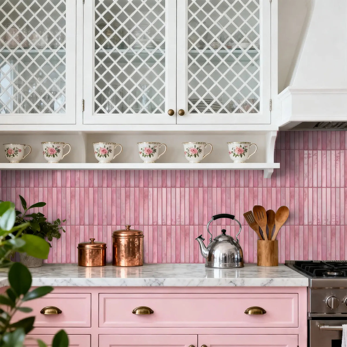 12/24/48PCS (ETP05) Epoxy 3D Pink Vertical Striped Misty Texture Decorative Wall Tile Stickers | Waterproof Oil-Proof Kitchen Bathroom Decoration Waterproof Wall Decals