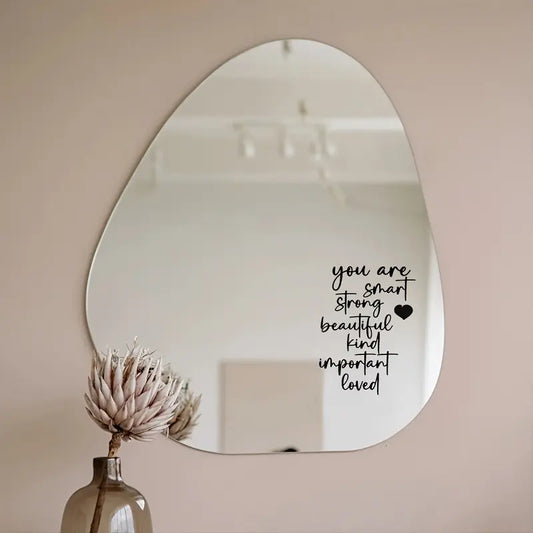 Heartfelt Decor Inspirational Vinyl Mirror Sticker, Interior Stickers, Sticker Decorations, "You are smart, strong, beautiful, kind, important, and loved", Durable oval decal for home decor, car, or wall art, script design