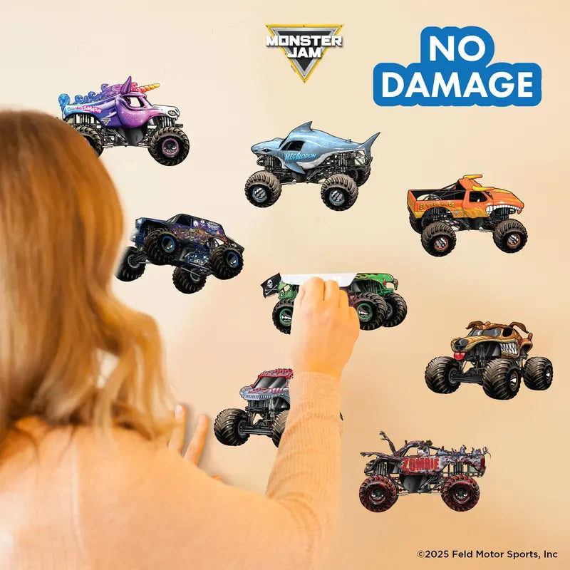 Monster Jam Assorted Trucks Wall Decals Set with 8 High-Energy Trucks Grave Digger Son-Uva Digger El Toro Loco Megalodon Zombie ThunderROARus Sparkle Smash Monster Mutt for Kids Bedroom Playroom Decor